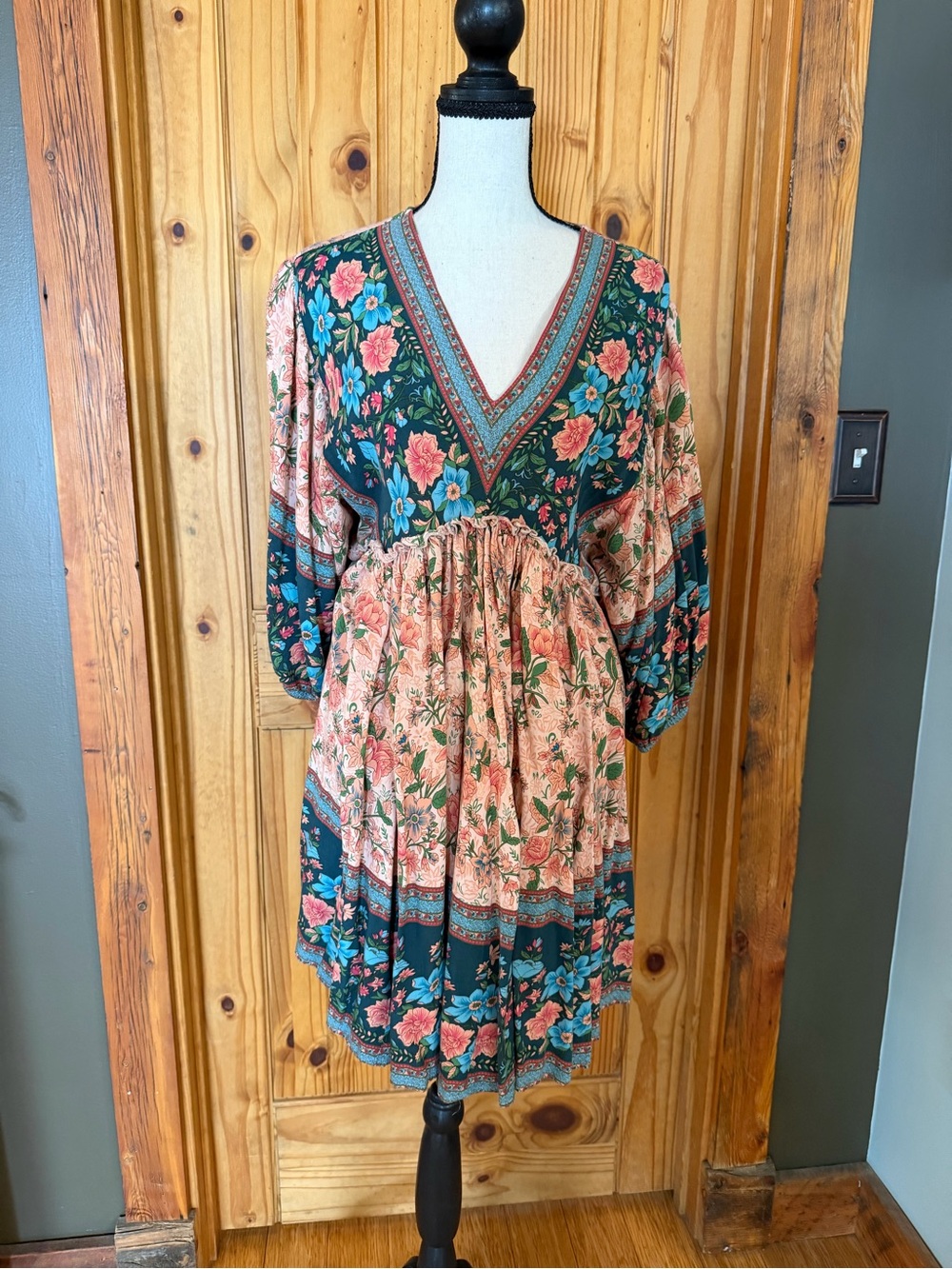 Giogio Boho Floral V-Neck Tiered Dress in Teal and Peach